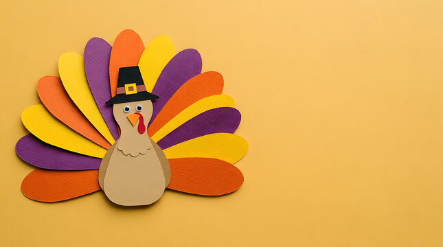 Paper craft turkey with colorful feathers for thanksgiving decoration