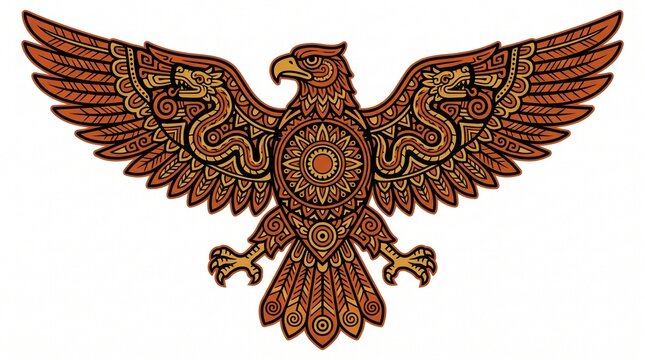 Ornate Aztec Eagle Illustration with Spreads Wings on White Background