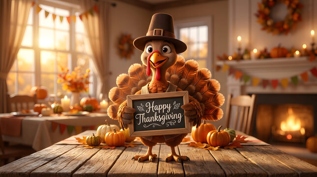 Cute cartoon turkey wearing a pilgrim hat holding a happy thanksgiving sign on a rustic table