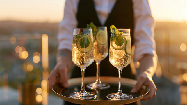 Close-up of a waiter holding a round tray with three refreshing iced lime cocktails at an outdoor rooftop bar during golden hour sunset.