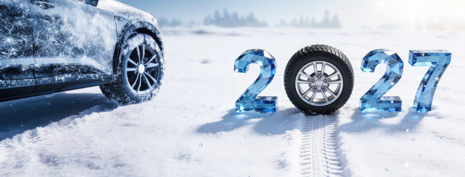 Banner with Blue numbers 2027, car and a tire with a track in the snow, a festive winter atmosphere with space for text.. Christmas concept for tire shops, car dealerships, and auto repair services
