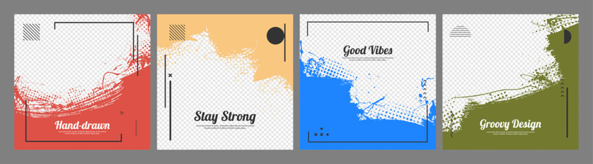 Naklejka premium Vector illustration. Grunge texture background with paint splashes, halftone dots and geometric frame. Trendy modern brush stroke design elements for social media banners, blog post, web template