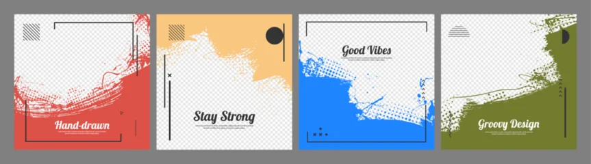 Vector illustration. Grunge texture background with paint splashes, halftone dots and geometric frame. Trendy modern brush stroke design elements for social media banners, blog post, web template © VVadi4ka