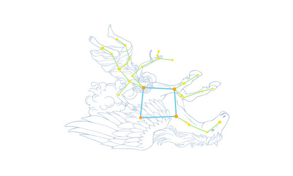 Colored line art of the Great Square of Pegasus, including constellation figures and lines