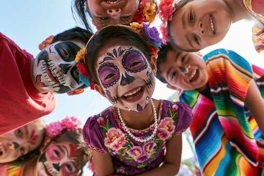 Portrait of children with sugar skull face paint during day of the dead celebration. Smiling Children in Colorful Sugar Skull Makeup Celebrating Day of the Dead