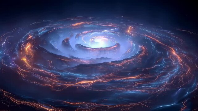 Abstract swirl of blue and orange light forming a rotating galaxy. Digital energy vortex with flowing plasma streams. Futuristic cyberspace data travel concept.