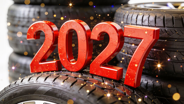 Red 2027 numbers on stacked black tires with sparkling background. Repair, workshop, auto mechanic. New Year's in transportation sector