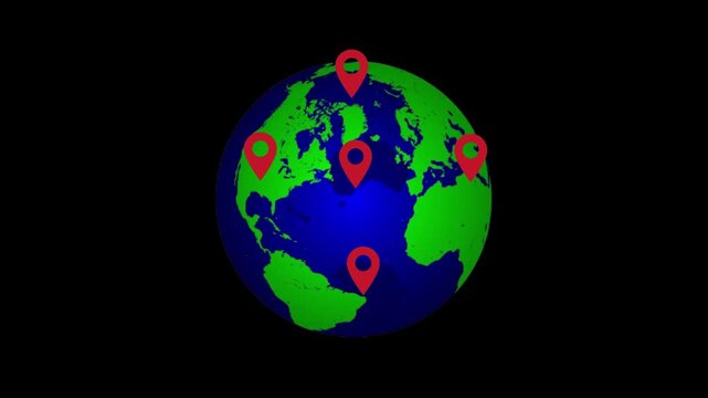 Global business locations marked on rotating 3D Earth with red map pins animation