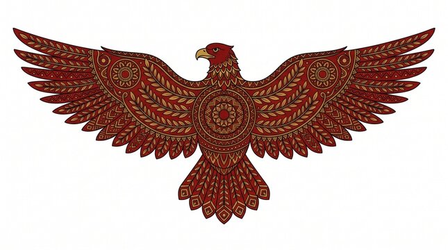 Stylized Red Eagle Illustration with Intricate Mandala Patterns on White Background