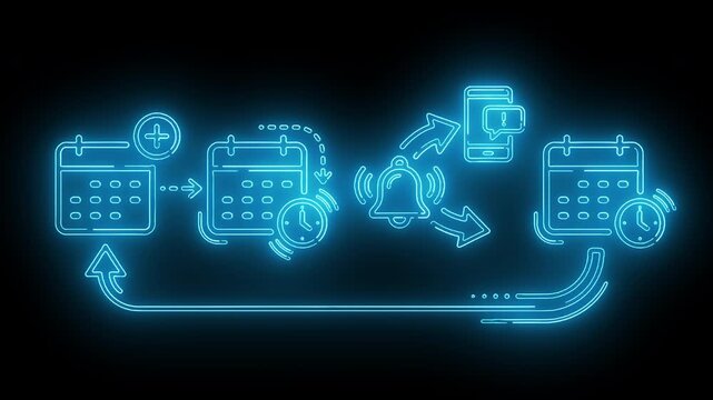 Blue neon event management workflow diagram connecting schedule calendar alarm bell notification chat message and smartphone