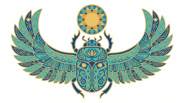 Ornate Egyptian Winged Scarab Beetle Holding Sun Disk Isolated on White Background