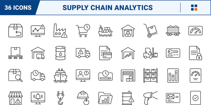 Supply chain backorder line icon set. Vector pictograms of inventory, logistics, dashboard, and management elements, thin linear illustration.