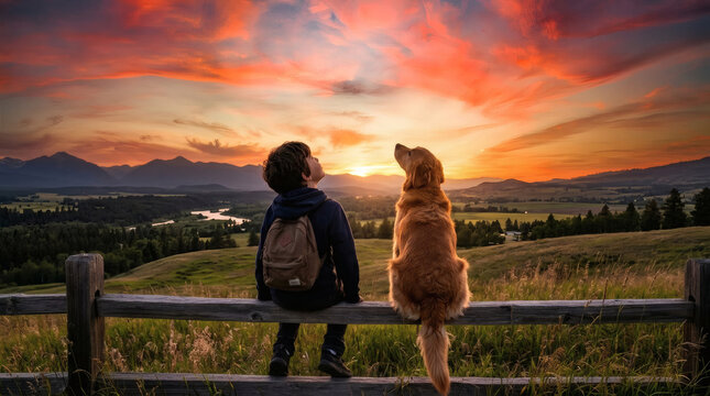Boy and Dog Sitting on Fence Watching a Colorful Sunset Over Rolling Countryside