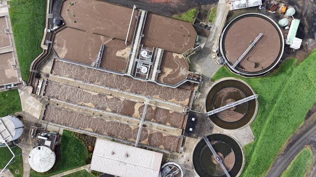 Aerial view of wastewater treatment plant and sewage purification