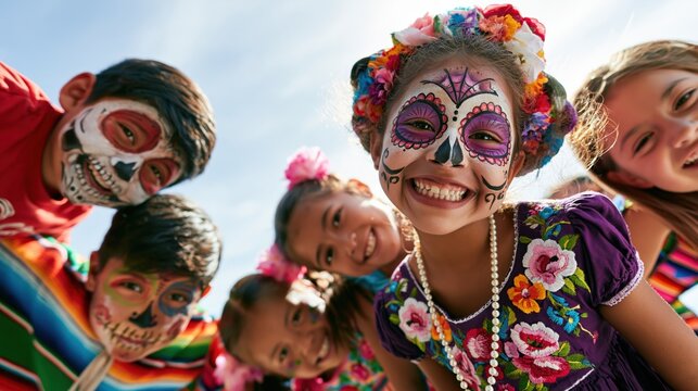 Portrait of children with sugar skull face paint during day of the dead celebration. Smiling Children in Colorful Sugar Skull Makeup Celebrating Day of the Dead