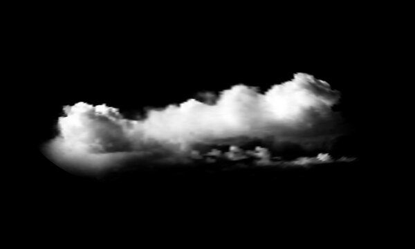 A single fluffy white cloud isolated on a solid black background for easy compositing in design projects