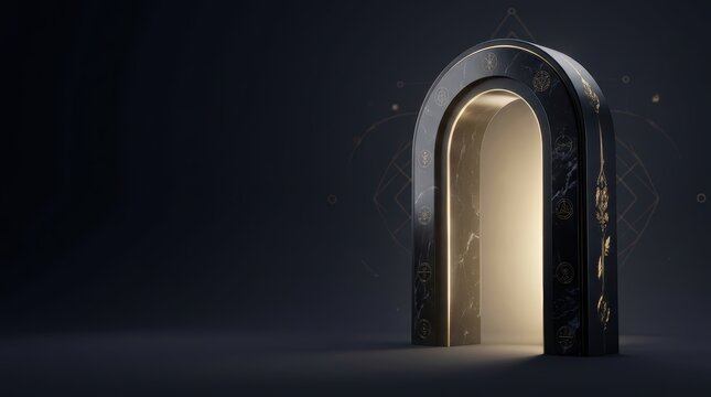 Minimalist Obsidian Arch Portal with Gold Sigils and Ethereal Glow for Website Banner