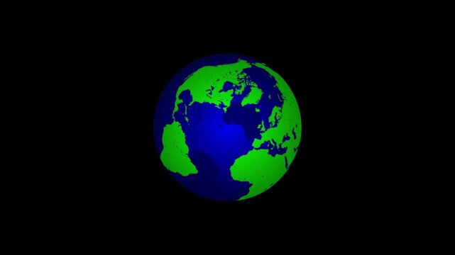 Rotating 3D Earth globe with continents in neon green and blue on black space background