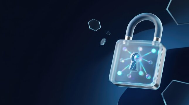 Modern 3D glass padlock on dark navy background for secure browsing and data protection hero banner mockup