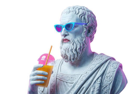 Buste en pierre d'un philosophe grec antique portant des lunettes de soleil modernes et tenant un gobelet de jus d'orange avec une paille sur un fond blanc isol&eacute;