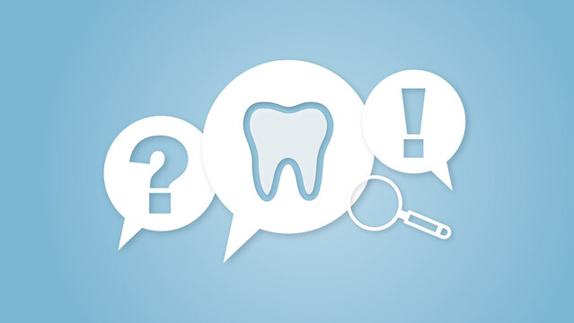 Dental care concept featuring a tooth icon, a question mark, and an exclamation mark within speech bubbles, accompanied by a magnifying glass, ideal for dental faq support pages.