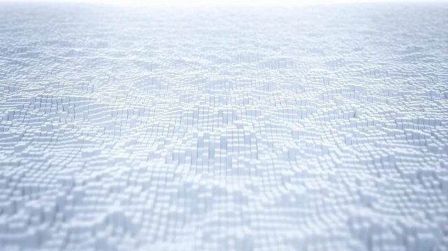 White cubic blocks arranged in a 3D grid subtly rise and fall to form a smooth wave-like surface animation. Animated scene combines cubic blocks and grid pattern with soft lighting.