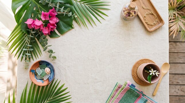 Vibrant Tropical Flat Lay Framing Natural Linen Tablecloth with Palm Leaves Sea Glass and Accessories