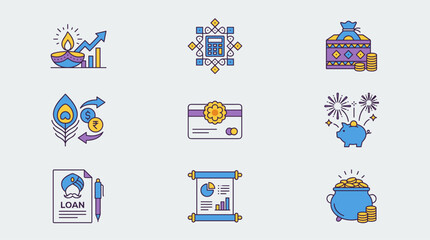 Fototapeta premium Diwali themed finance icon set with money bag, coins, piggy bank, loan document, and analytics scroll