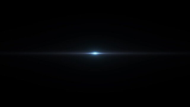 Bright white lens flare light burst glowing on black background, cinematic star light effect with horizontal flare streak, radiant flash animation, energy sparkle and luminous glow overlay. 4k