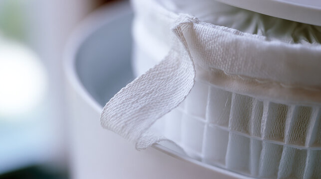 Air purifier filter with woven pull tab and pleated white mesh viewed in bright window light