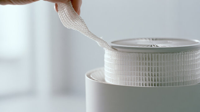 Air purifier filter replacement showing woven pull tab and pleated white mesh during careful household maintenance soft natural daylight with clean minimalist interior background and shallow focus