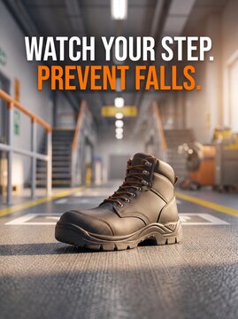 Safety boot on factory floor with stairs and text about preventing falls with work boot textured text background leather work construction occupational prevention protection warehouse