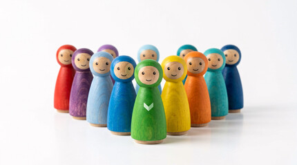 Fototapeta premium A diverse group of colorful wooden peg dolls, each with a smiling face, are arranged in a playful formation, symbolizing unity, individuality, and community.