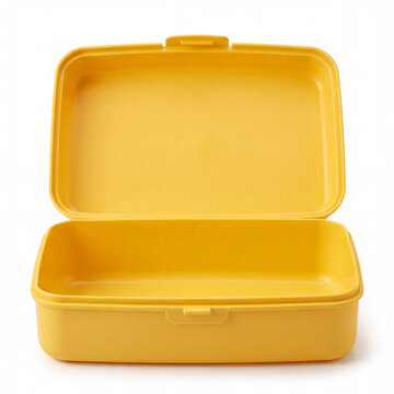 Empty yellow plastic lunch box with open lid, isolated on white background. Reusable food container for school lunch, meals and storage.