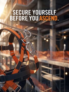 Industrial safety harness hooked onto steel cable at construction site high rise building framework work with displays professional orange harness securely attached during sunset hours