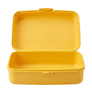 Empty yellow plastic lunch box with open lid, isolated on transparent background. Reusable food container for school lunch, meals and storage.