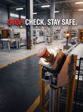 Red emergency stop button on safety switch in industrial manufacturing plant with switch within factory displays large red mounted industrial engineering operational prevention with security