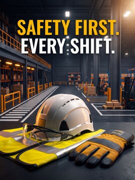 Industrial safety gear resting on warehouse surface with safety first every shift text overlay graphic with safety glasses arranged dark surface inside professional warehouse environment