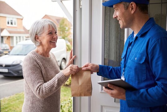 Senior woman receiving a delivery from a male courier at her front door, smiling while holding a brown paper bag in a residential neighborhood setting