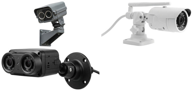 A set of modern outdoor security cameras in black, gray, and white with different mounting styles and dual-lens designs.