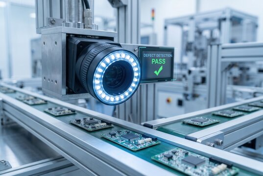 Industrial camera system with LED ring light inspecting printed circuit boards on a conveyor belt in a high-tech manufacturing facility