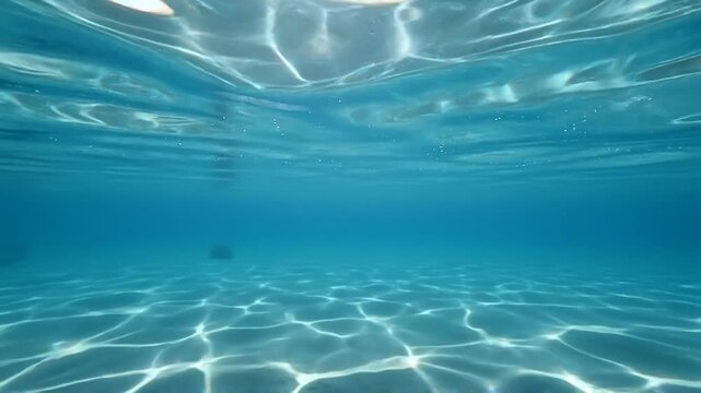 Horizontal underwater video of clear blue ocean water with sun rays shining through the surface to the sandy bottom