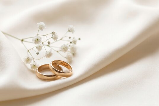 Two gold wedding rings placed on soft cream fabric with delicate white flowers in the background, symbolizing love and commitment in a romantic setting