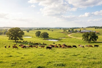 Fototapeta premium Herd of cattle grazing on lush green pasture with trees and ponds under a bright sky, rural landscape with farm buildings visible in the distance