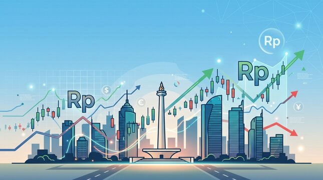 Jakarta cityscape with financial growth charts and Rupiah symbols, illustrating economic development and investment in Indonesia.