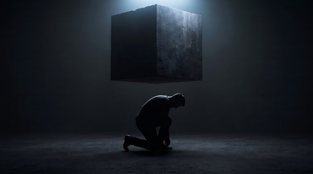 Silhouette of a man kneeling under a heavy floating monolith cube representing pressure and mental burden in a dark atmospheric setting