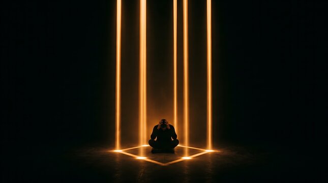 Silhouette of a person meditating inside a futuristic glowing orange light cube on a dark background