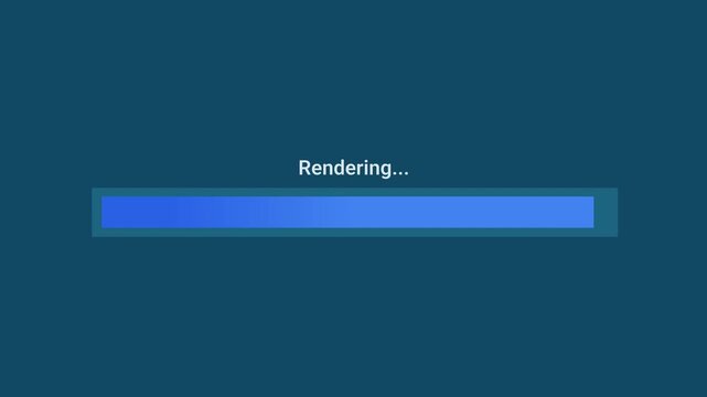 Animated motion graphics showing a blue progress bar labeled "Rendering..." filling up over a dark blue background. Represents an active video render, 3D graphics generation, visual effects export