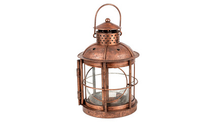 An elegant vintage copper metal candle lantern lamp isolated on transparent background. © Ward