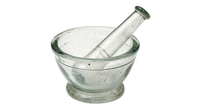 A classic clear glass laboratory mortar and pestle isolated on transparent background.